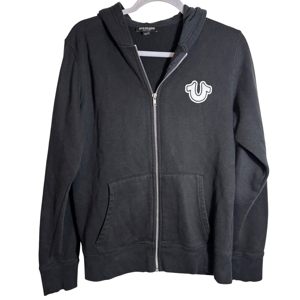 True Religion Black Buddha Logo Full-Zip Fleece Hoodie Size Medium